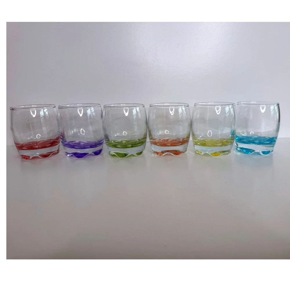 Vintage Colored Swirl Bottom‎ Shot Glasses Set Rainbow Hand Blown Style Barware